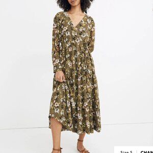 Madewell Cinch-Waist Tiered Midi Dress in Wildblooms Green Floral - M Petite